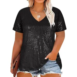 Plus Size Sequin Tops Short Sleeve Shirts for Women V-Neck Party Sparkly Tunics XL-5XL