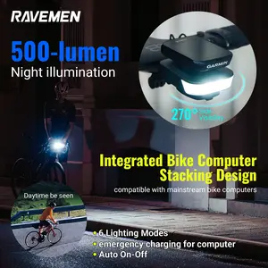 RAVEMEN FR500 Integrated Stealth Stack Bike Light (Fits Garmin & Wahoo) | 500LM Night Illumination | Intelligent Interaction | Emergency Power Bank
