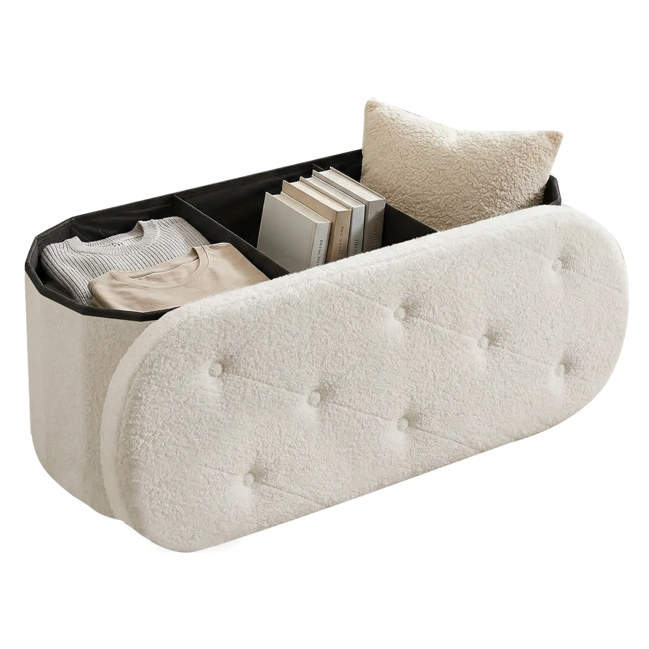 Folding Storage Ottoman Bench, Oval Round Ottoman End of Bed Foot Rest Bench Stool with Cushion, Storage Chest for Bedroom, Living Room, Entryway, Dorm, Teddy Fabric, White