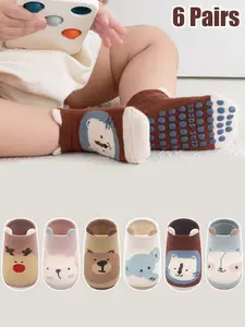6 Pairs Children Socks Baby Walking Socks Boys Girls Indoor Anti-Slip Floor Socks Cartoon Pattern Animal Print Slim-Fitting