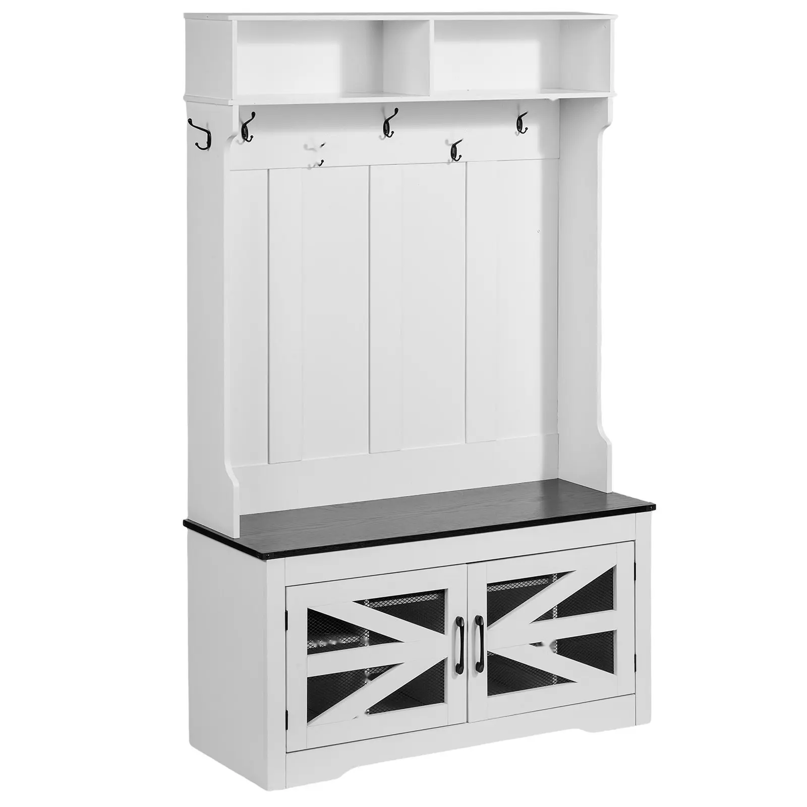 Hall Tree Entryway Bench with LED Coat Rack and Shoe Storage, 42-Inch Wide Mudroom Bench Offering Secure Storage and Comfortable Seating, Adjustable Shelves and Seven Hanging Hooks, Great for Mudroom, Entryway, and Hallway