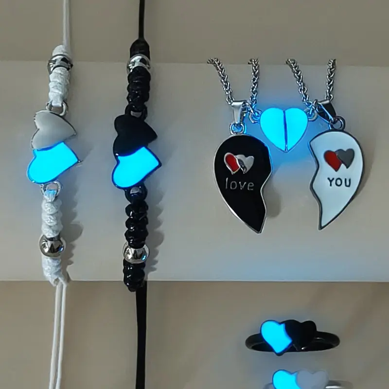 6 Piece Glow-In-The-Dark Heart Necklace Bracelet Ring Set, Heart Shine Set, Trendy Jewelry Set, Cute Fashion Couples Jewelry Set for Valentine's Day, Women's Stylish Accessories, Jewellery Gift Set