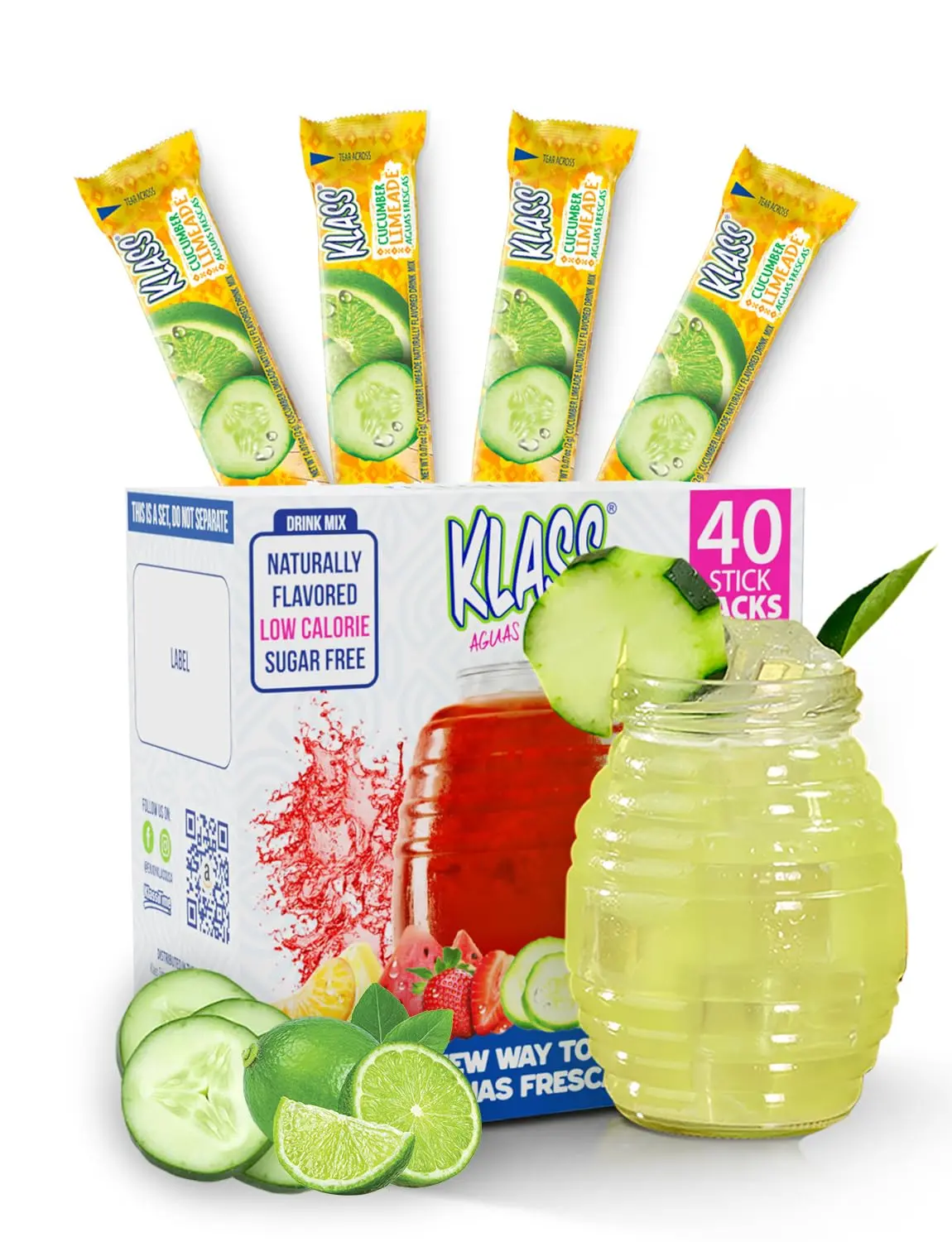 Klass Aguas Frescas Cucumber Limeade - 0 Sugar Drink Mix, 40 Sticks with Natural and Artificial Flavors