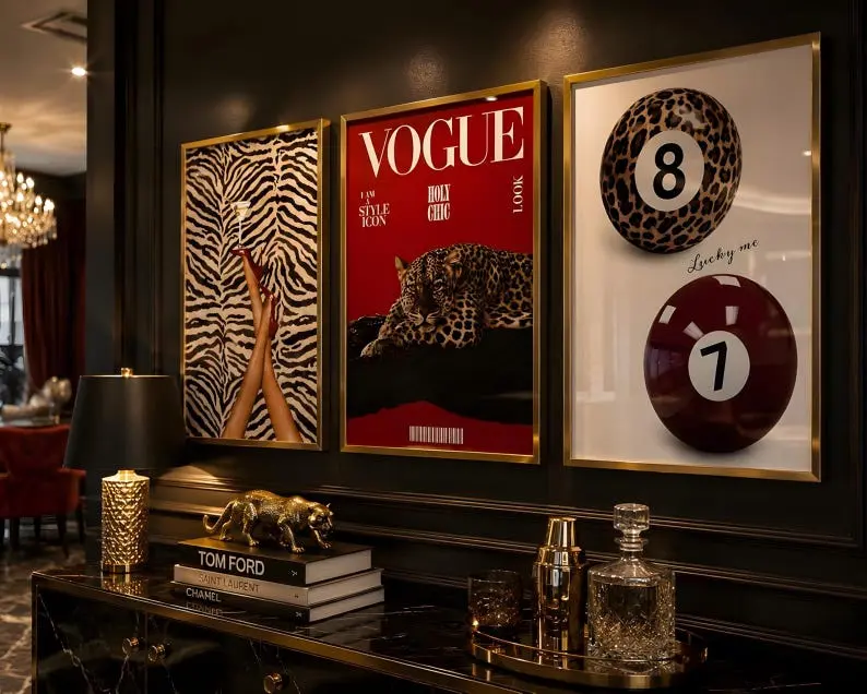 Set of 3 Leopard Print Vogue Inspired Gallery Wall Art, Glam Maximalist Posters