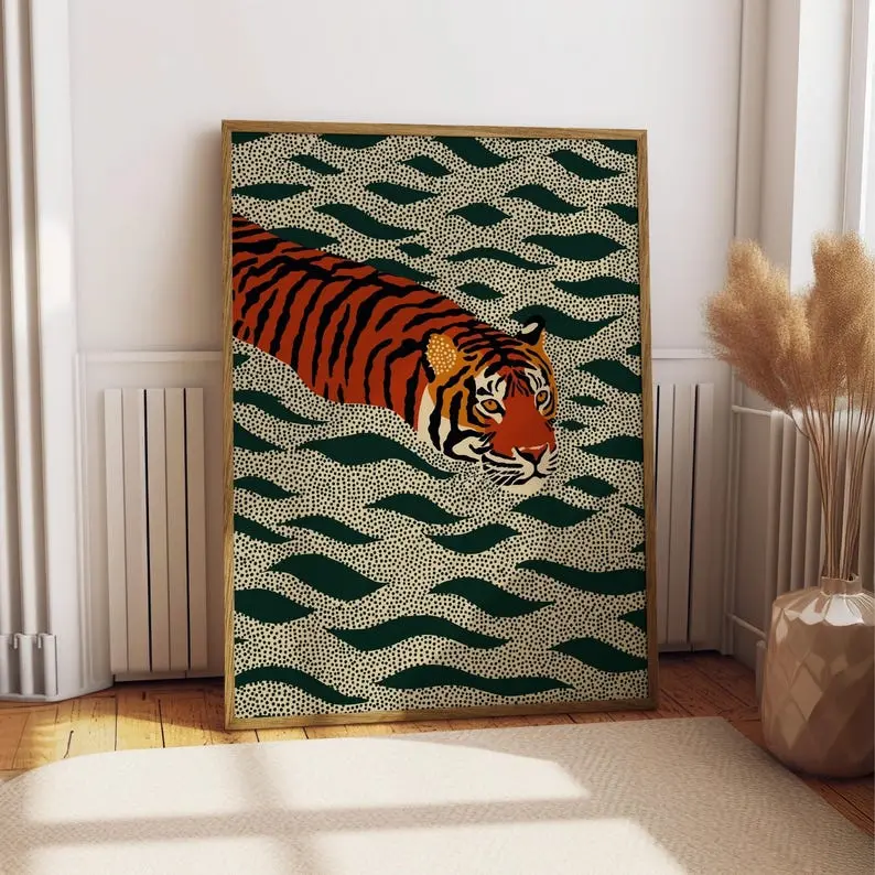 Swimming Tiger Print, Bold Green Wave Tiger Wall Art, Retro Orange Emerald Big Cat Poster