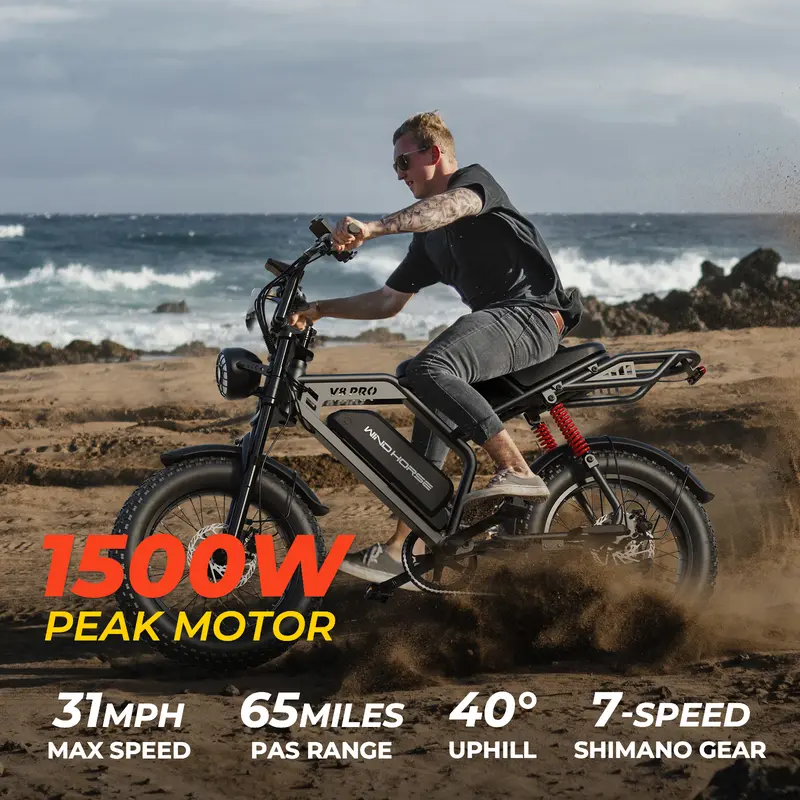 Windhorse V8 Pro Adult Pedal-Assist Bike, 20" Mud Tire/Off-Road Tire Design, 1500W Peak Motor, 48V 15.6AH Battery, 31MPH, 65-Mile Max Range, Dual Suspension, Extended Saddle, Rear Rack, UL2849 Certified All-Terrain Dirt BMX, Mud Tire Bikes
