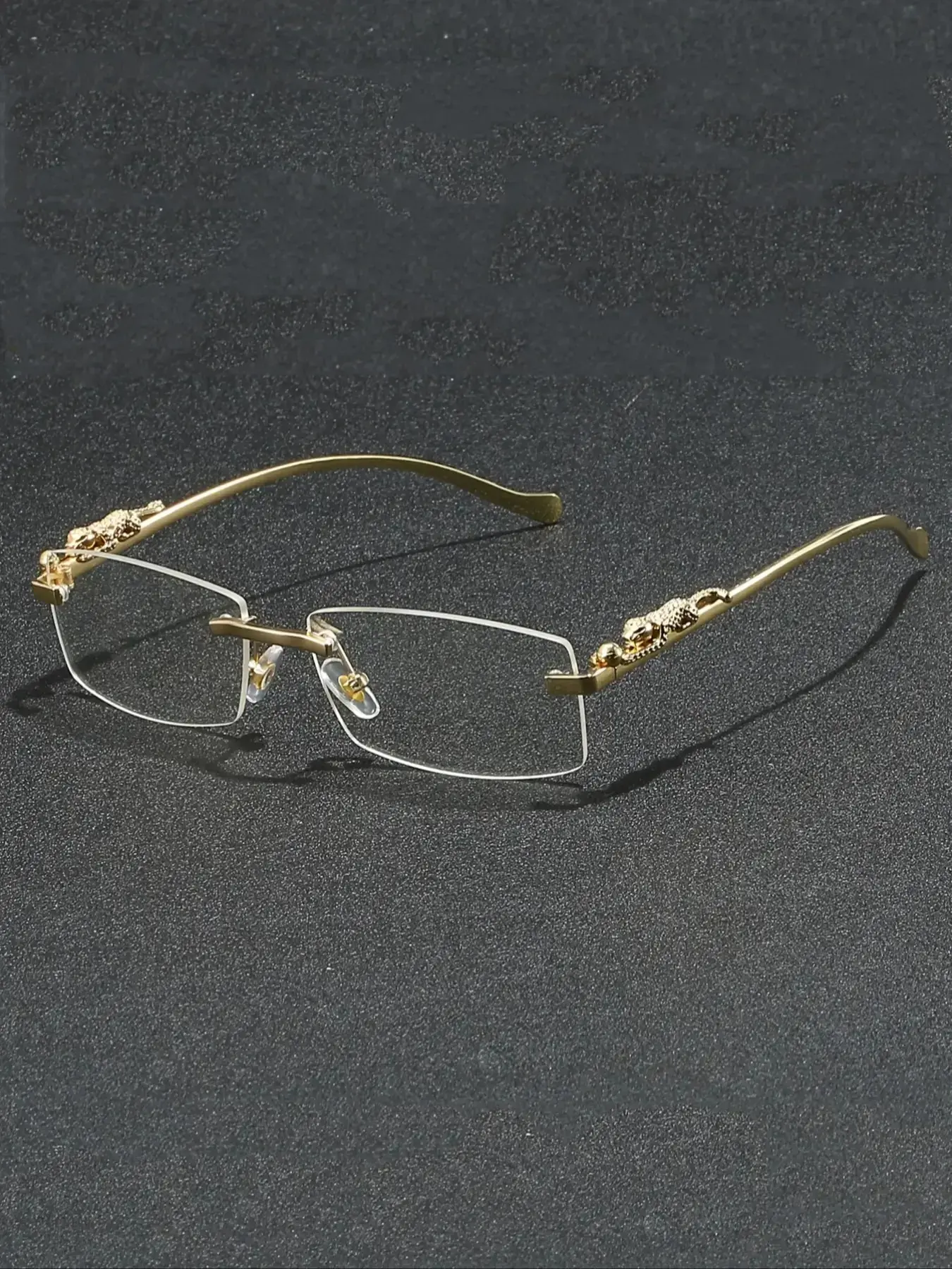 Men's Metal Frameless Glasses, Leopard Pattern Temple Design, Lightweight Comfortable, Casual Style, All-Season Wear, Durable Nose Bridge