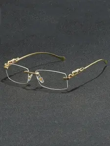 Men's Metal Frameless Glasses, Leopard Pattern Temple Design, Lightweight Comfortable, Casual Style, All-Season Wear, Durable Nose Bridge