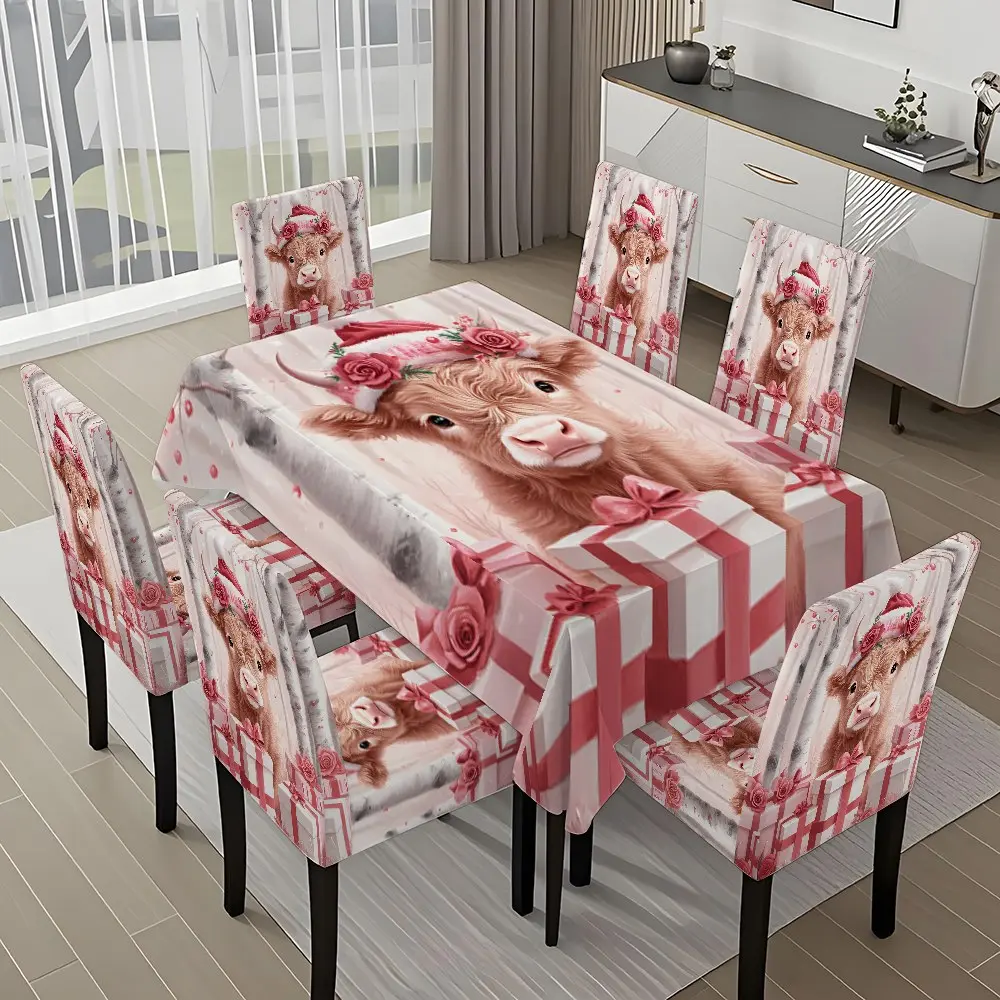 5/7-piece 2D Flat Printing Merry Christmas Pink Cow Gift Tree Printing Pattern Tablecloth and Chair Cover Set, for dining table and chair decoration, perfect for home, holiday gatherings, restaurants, and parties.