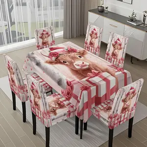 5/7-piece 2D Flat Printing Merry Christmas Pink Cow Gift Tree Printing Pattern Tablecloth and Chair Cover Set, for dining table and chair decoration, perfect for home, holiday gatherings, restaurants, and parties.