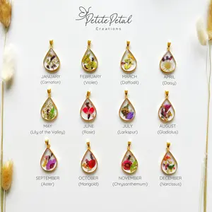 PetitePetal Creations Birth Flower Teardrop Necklace TT 18k Gold Plated Dried Flowers UV Resin Pendant 1.18 x 0.75 Inches Unique Handcrafted Jewelry Gift