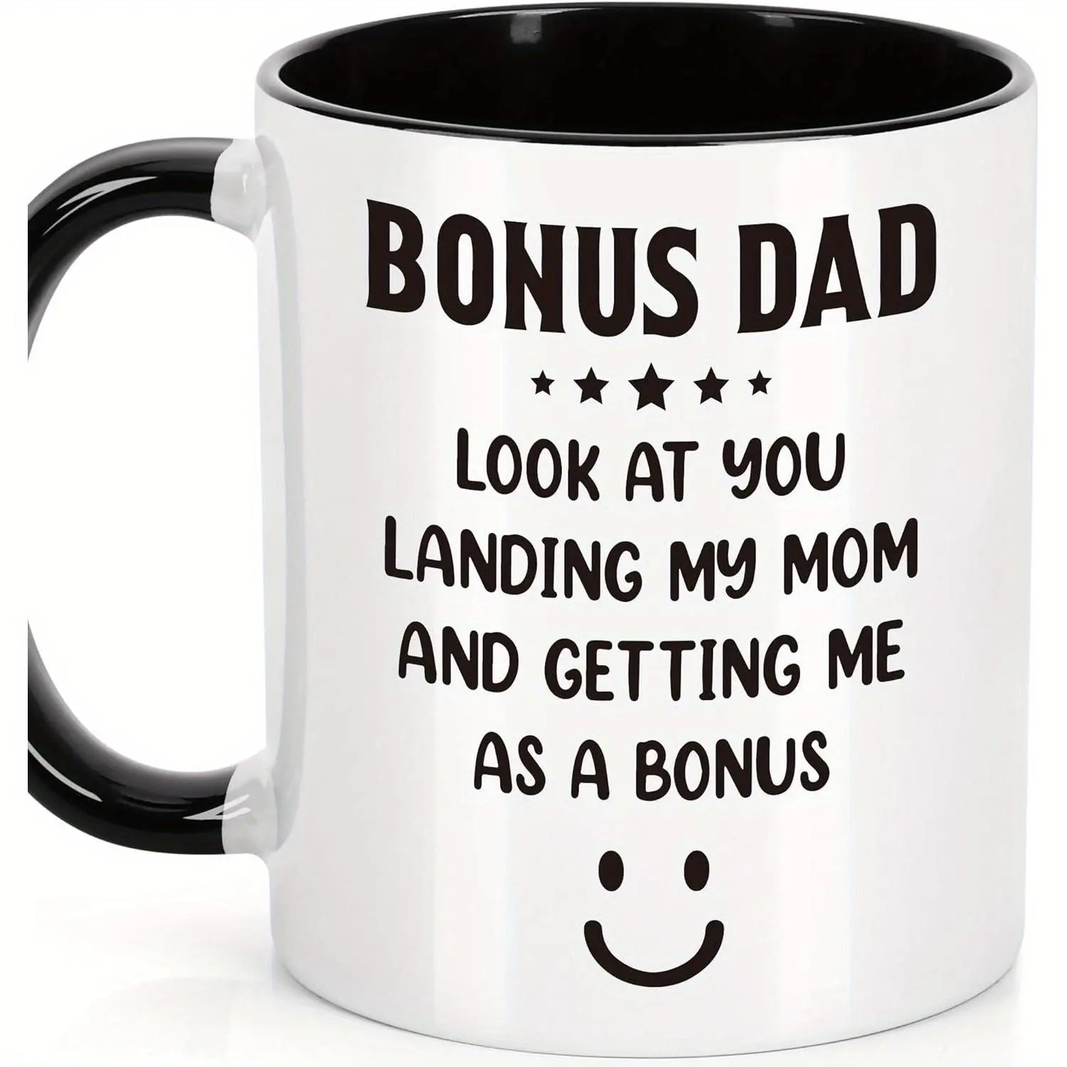 1pc 11oz Bonus Dad Coffee Mug - Insulated Reusable Mug with Funny "Look at You Landing My Mom" Quote & joyful Face Design - Machine Washable Gift for Stepdad, Father-in-Law from Daughter Son Kids - Christmas Birthday Present, Fathers Day Decoration, Playf