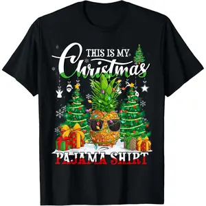 This is My Christmas Pajama Shirt Pineapple Christmas Lights T-Shirt, 100% Cotton, Single Side Printed, Black Short Sleeve T-shirt, 1 pc, Christmas Halloween Thanksgiving Gift