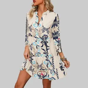 Dear-Lover Women's White Tribal Paisley Print Collared Neck Long Sleeve Button-Front Polyester Mini A-Line Dress, Bohemian Casual Wear Clothes for Casual & Dressier Occasions