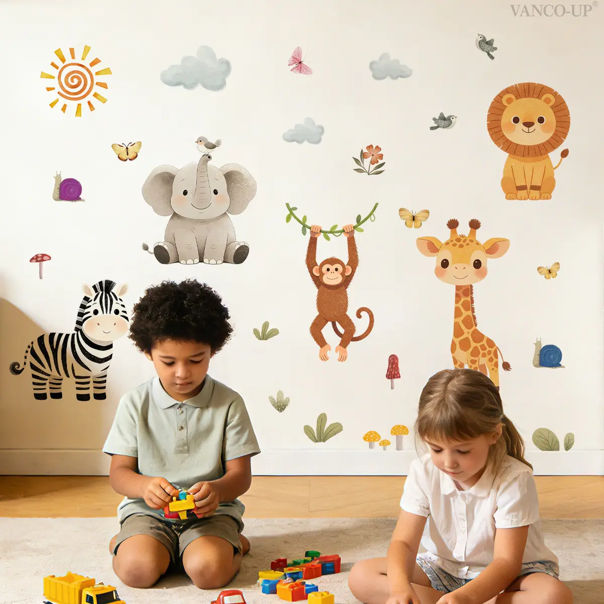 2Pcs/Set (3060cm2pcs) Watercolor African Jungle Animal Wall Sticker Set, Childlike Themed Self-adhesive Wall Decor for Kids Room