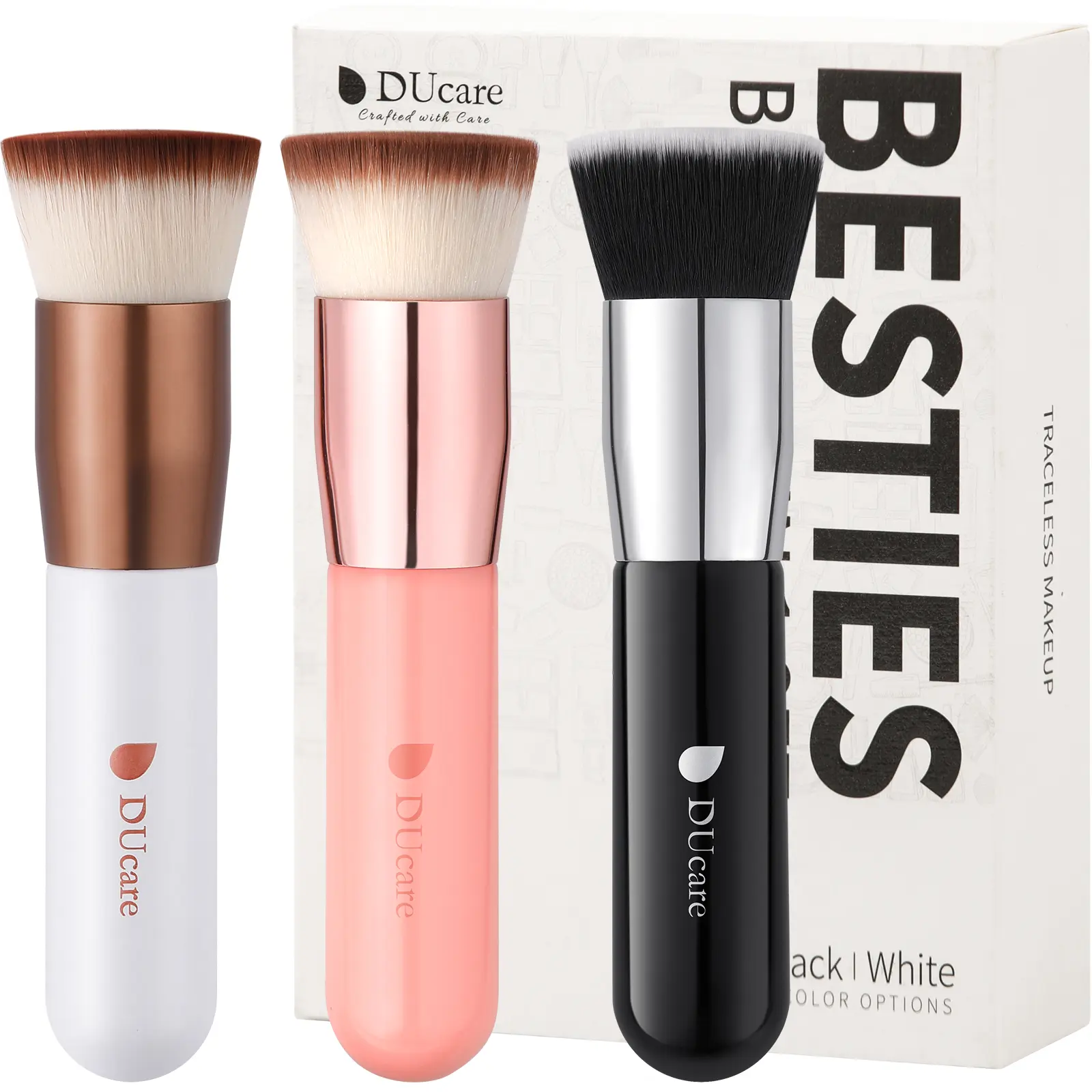 DUcare 3-Piece Flat Foundation Brush Set - Ultra-Dense Synthetic Bristles, Smoothing Blending for Liquid/Cream/Powder, Ergonomic Non-Slip Handle for Precise Contouring & Maximum Control (Black, White, Pink)