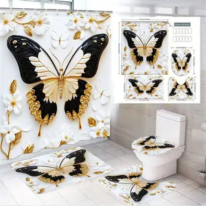 4pcs Luxurious Floral & Butterfly Bathroom Set, Elegant Shower Curtain, Toilet Cover,The floor mat fabric is thicker and softer!  Floor Mats, Accents, Spring Decor, Bathroom Supplies, Bathroom Decoration Accessories, Complete Set