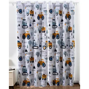 NTBED Construction Cars Tree Blackout Curtains Drapes for Kids Boys Bedroom Play Room 2 Panels Darkening Grommets Window Treatment, 42Wx63L, Light Grey