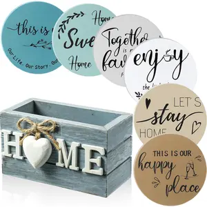Housewarming Gifts for Home Decoration Wooden Heart Coasters for Drinks Set of 6 Farmhouse Coasters with Holder Funny for Coffee Table Protection, 4 Inch