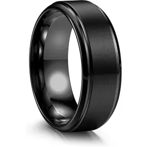 Smooth 1 Pc Black Round Thumb Rings for Men Women Classic Stainless Steel Wedding Rings 8MM Band for Engagement Rings Comfort Fit 6-14 Matte Surface Polished Edge Men Ring Jewelry Set
