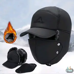 Winter Thermal Beanie with Detachable Ear Flaps & Face Mask Wind-Resistant Baseball Cap for Skiing Skating and Mountain Biking