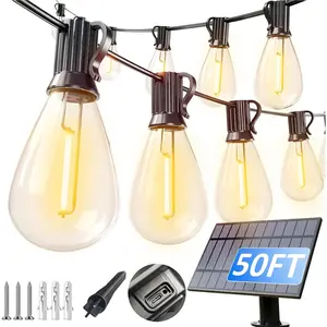 50FT Solar String Lights Outdoor Waterproof with 18+1 LED Bulbs Long Last for 20+Hrs, Commercial Grade Shatterproof USB Patio Solar Powered Lights for Camping,Backyard, Garden, Porch Decor