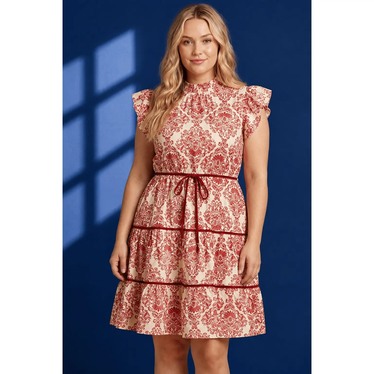 PLUS French Market Red Toile Tie Waist Dress