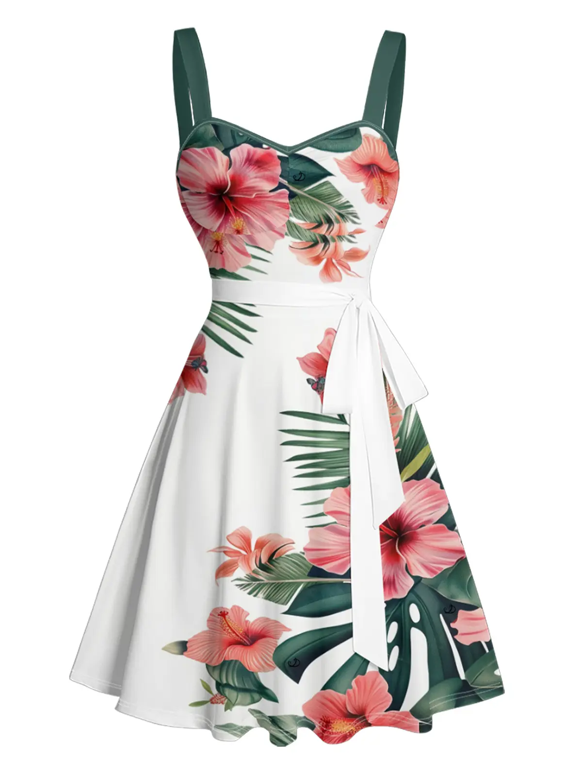 2025 Women's Summer Dresses Tropical Flower Print Ruched Bust Belted Mini Vacation Dress