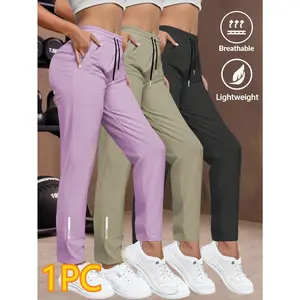 Women's Casual Elastic Sports Pants, Lightweight Breathable Outer Wear, Slimming Drawstring Waist, Suitable For Running Yoga Workout, Spring/Autumn, US Direct Shipping