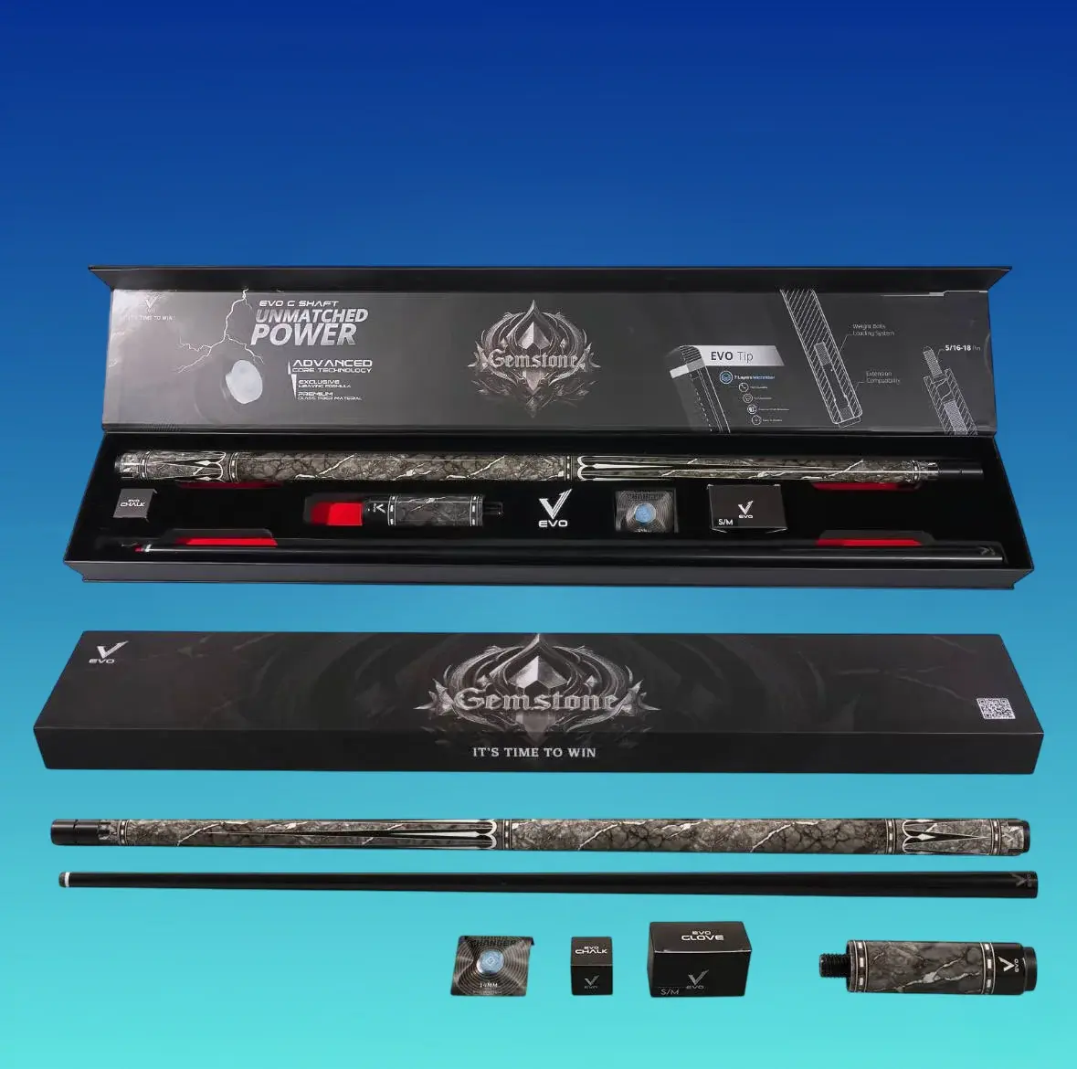 EVO Gemstone Maxbing Edition - Nightglow Pool Cue Kit with 29" Glass Fiber Shaft, Carbon-Glass Wrapless Butt, 12.5mm EVO Tip, 5/16-18 Joint, 19-19.5oz, 4" Extension, Glove & Chalk