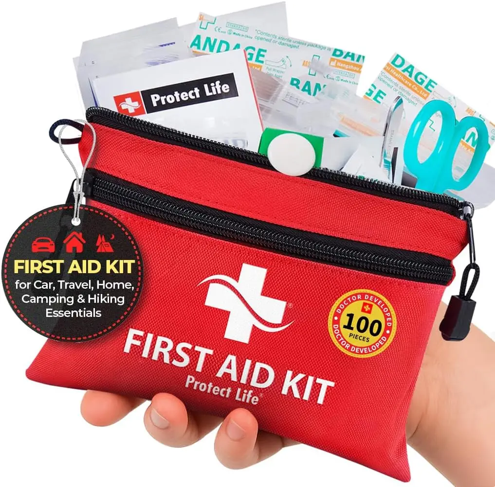 Protect Life Doctor-Developed 100-Piece Waterproof Mini First Aid Kit for Car, Camping, Travel, Includes Emergency Blanket, Tourniquet & First Aid Guide