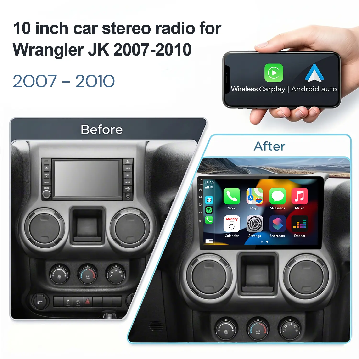 10-in Touchscreen Car Radio Unit, 4GB+64GB Upgrade for Jeep Wrangler JK 2007-2010 & Grand Cherokee, with CarPlay, Android Auto, Handsfree Calls, Navigation