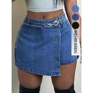 Women’s solid-color denim skirt with a button fly and an asymmetrical hem, suitable for everyday wear; spring and summer women’s underwear/lingerie; women’s clothing — GARMENTARY