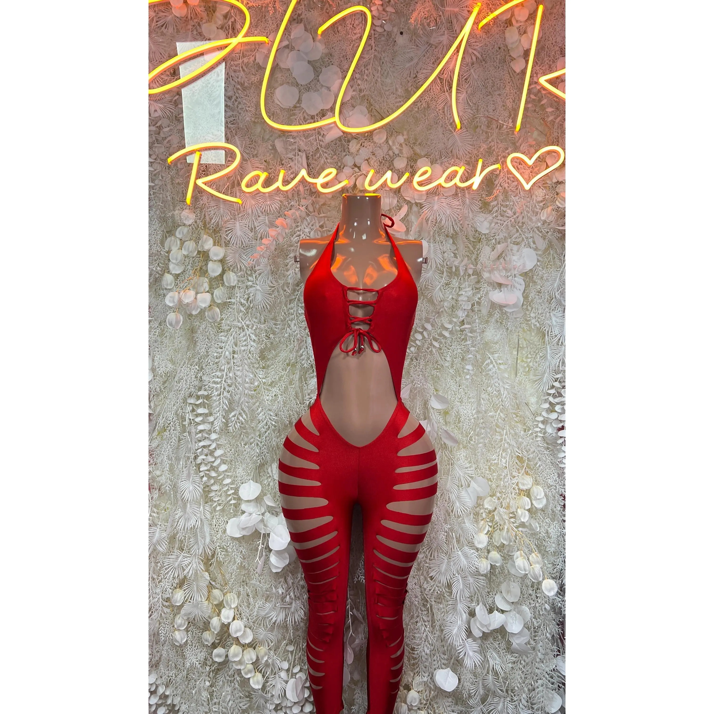 Red Bottlegirl Cutoff One-Piece Bodysuit - Custom Design | Exotic Dancewear for Bartenders, Rave Outfits Clubwear
