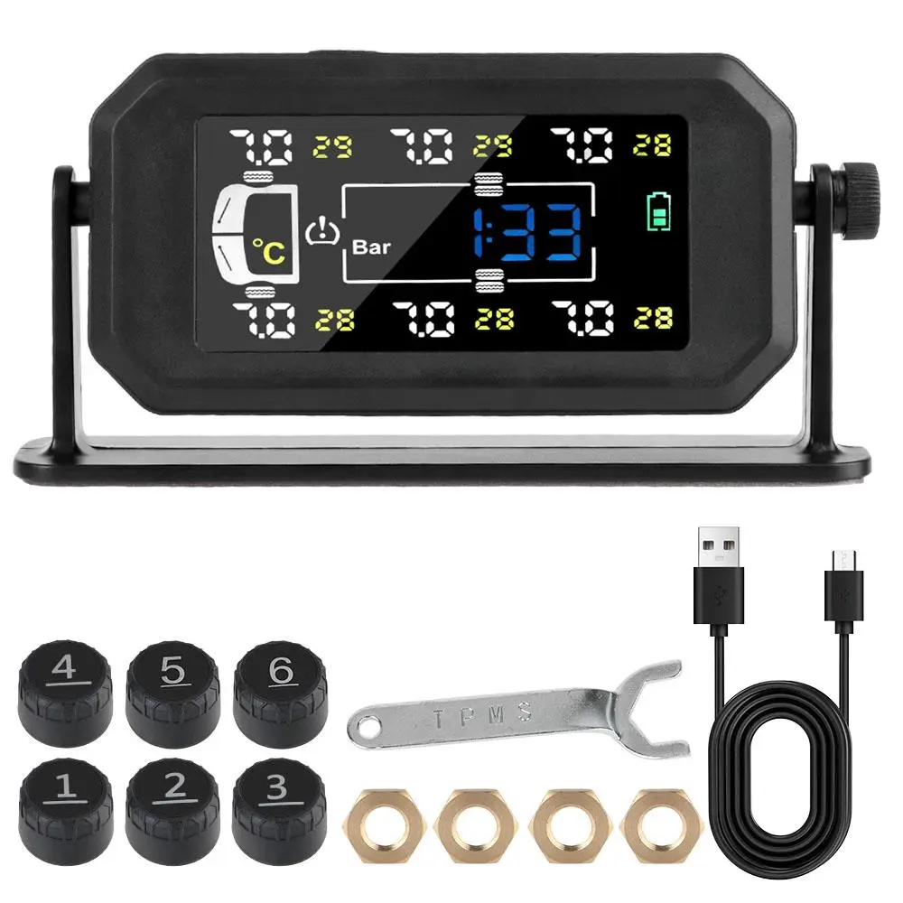 Solar Powered Car Tire Pressure Monitoring System, Intelligent Truck Car Tyre Pressure Monitor with 6 External Sensors, Car Tire Pressure Monitoring Tool
