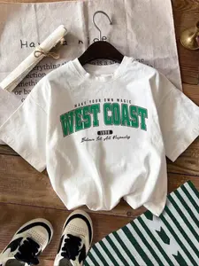 West Coast 1998 Make Your Own Magic Graphic T-Shirt, Retro College Varsity Letter Print Tee, Oversized Casual Short Sleeve Top, Y2K Trendy Aesthetic Cotton Shirt for Coastal Vacation and Streetwear Outfits