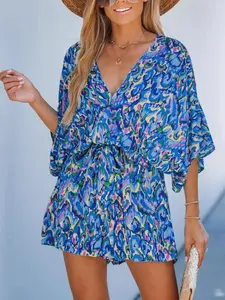 Bohemian Floral Print V-Neck Batwing Sleeve Romper