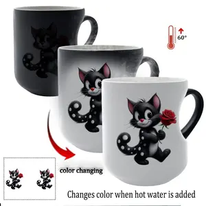 Whimsical Cat with Rose Color-Changing Ceramic Mug, Unique Animal Lover Gift, 11 Oz Heart-Handle Magic Mug for Christmas