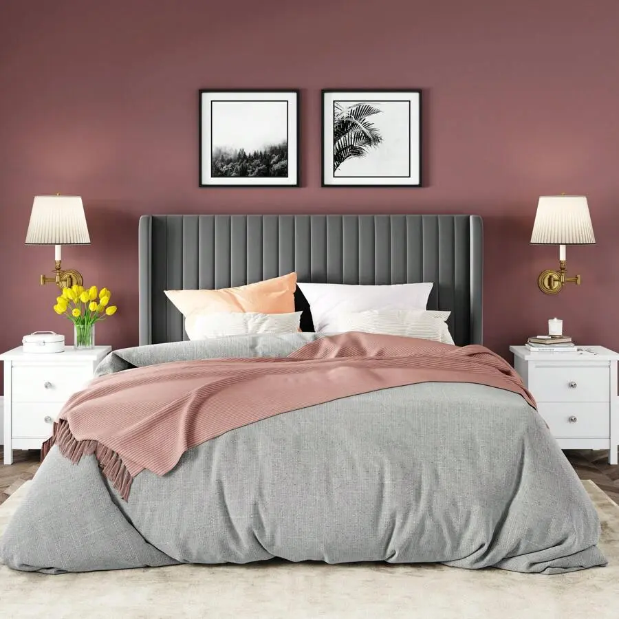Allewie Full/Queen/King Size Velvet  /Vertical Channel Tufted Wingback Headboard/Upholstered Platform /Strong Wooden Slats/No Box Spring Needed/Easy Assembly/Blue/Black/White/Green/Teal/Pink/Grey *   Queen Queen   Bed Frame