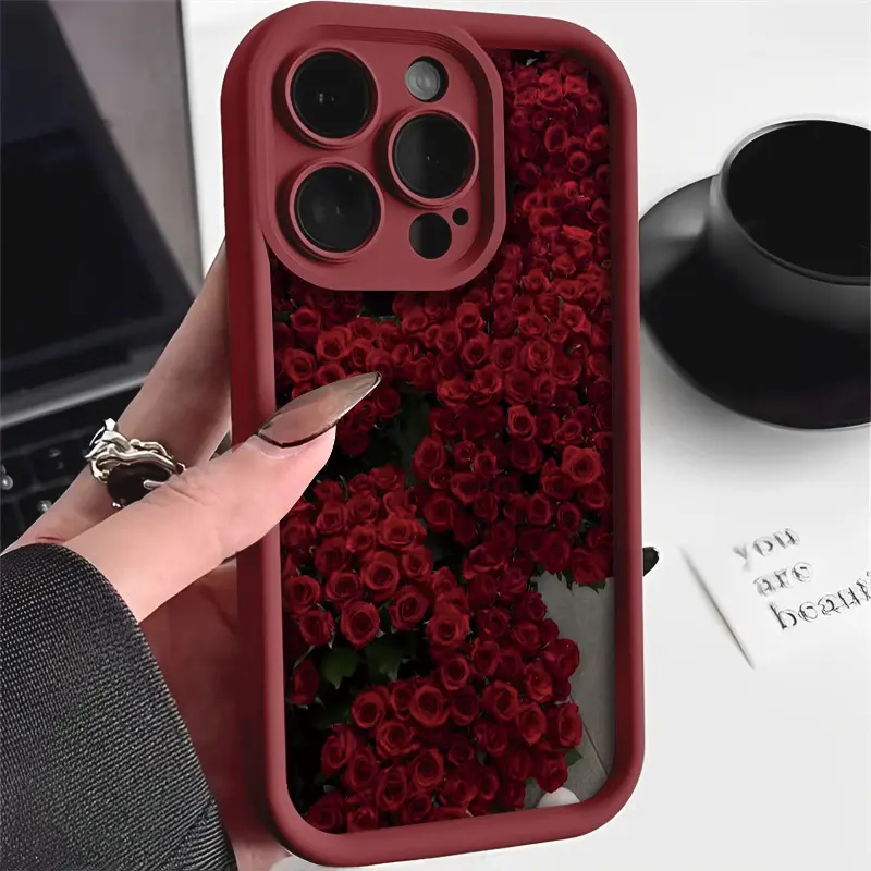 Romantic Red Full-Screen Print Red Rose Pattern TPU Silicone Shockproof Protective Case - Soft Shell, Durable Cover, Lens Protection, 2D Printing, Valentine's Day Gift for iPhone 17 Pro Max,16,16e,15,14 Plus,13,12 Mini,11,Air,X,XS Mobile Phone Accessories
