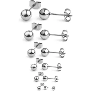 20G Stainless Steel Ball Stud Earrings for Men Women Round 3-8mm 6Pairs