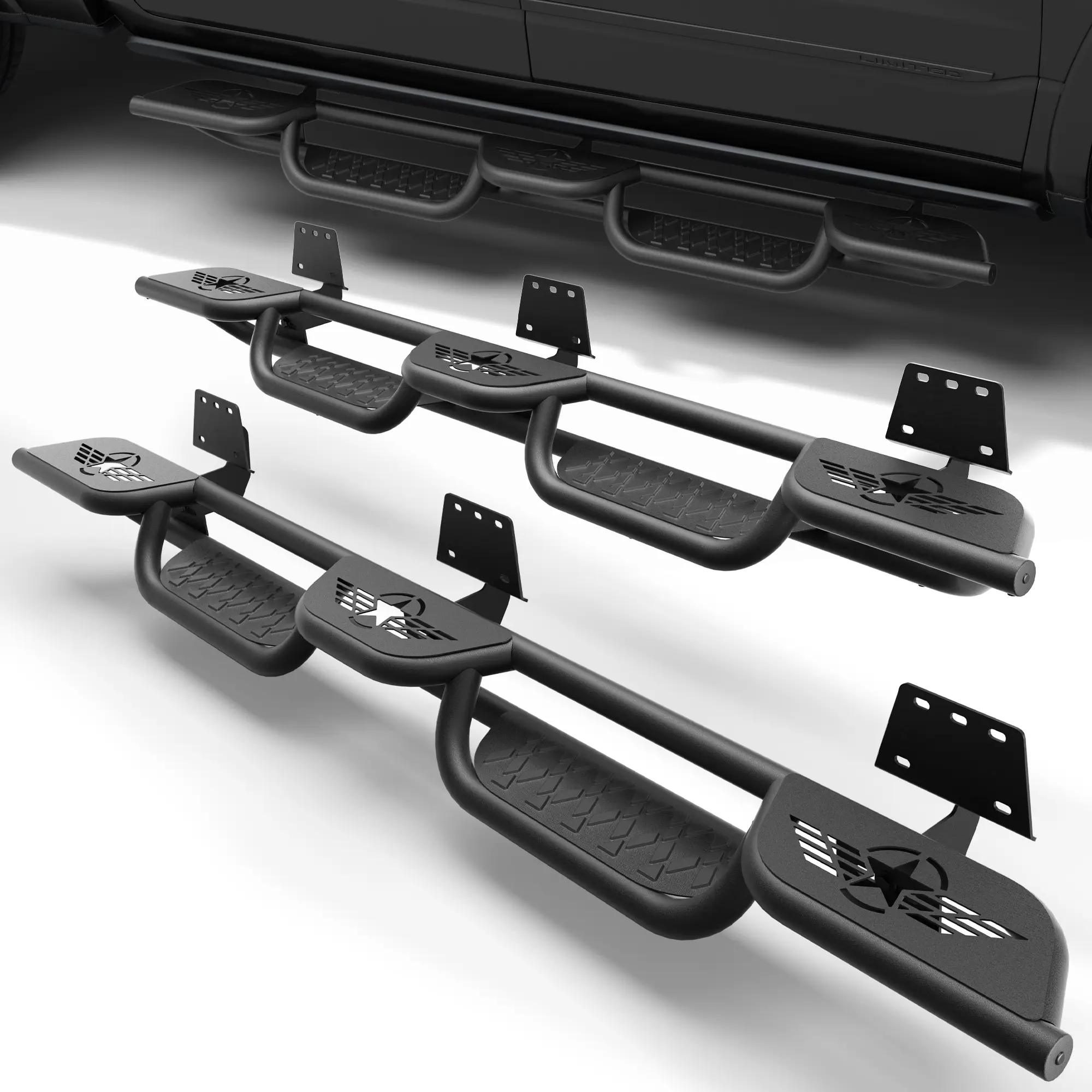 POFENZE Steel Running Boards - Easy-Install Bolt-On Nerf Bar Access Aid with 2 Stairs for 2019-2026 Dodge Ram 1500 New Body Design Crew Cab Heavy-Duty Side Entry Steps