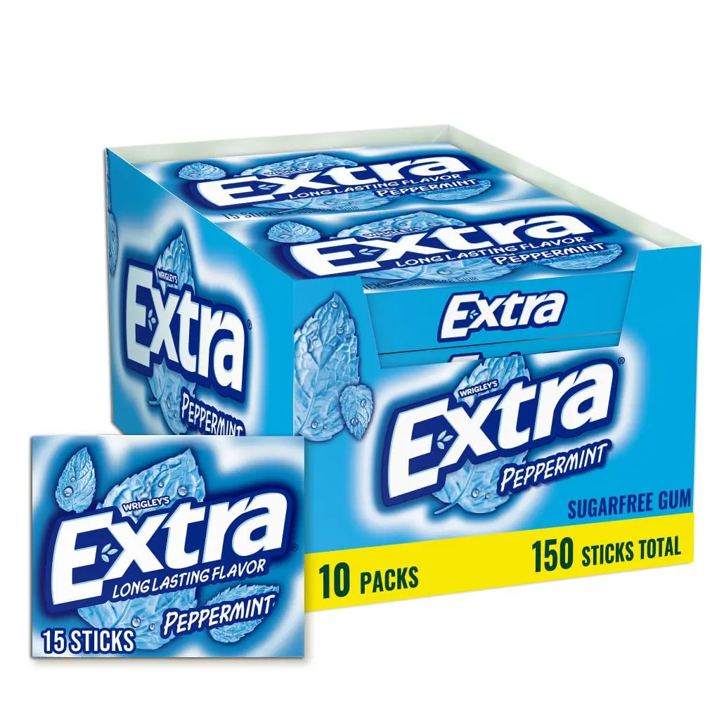 Extra Sugar-Free Gluten-Free Peppermint Bubble Gum Snack - 15 Pieces per Pack, 10-Pack, Ambient/Cupboard Storage, 24-Month Shelf Life, Low Sugar, Ideal for Road Trip