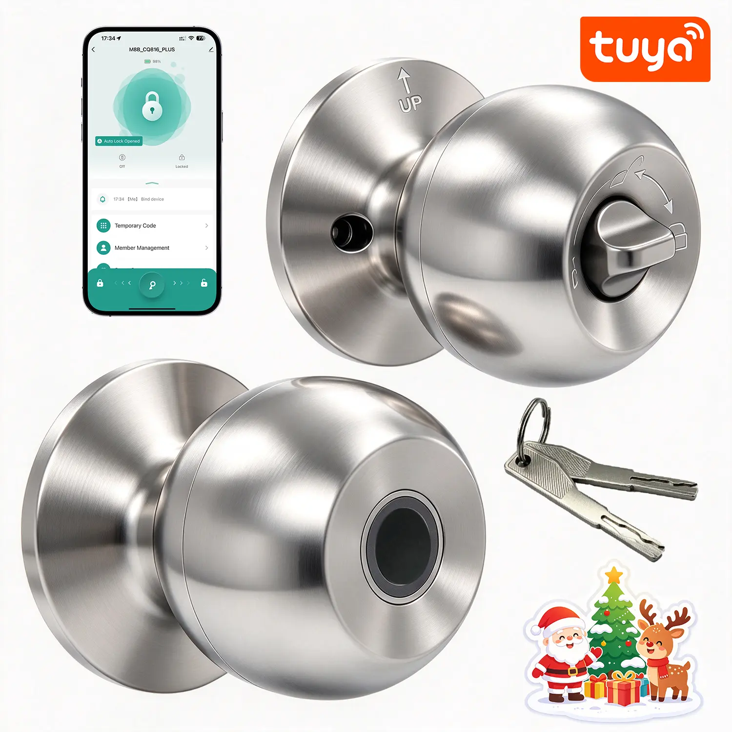 Stainless Steel Smart Fingerprint Door Knob with Tuya App Unlock, Suitable for Wooden Doors, Easy Installation