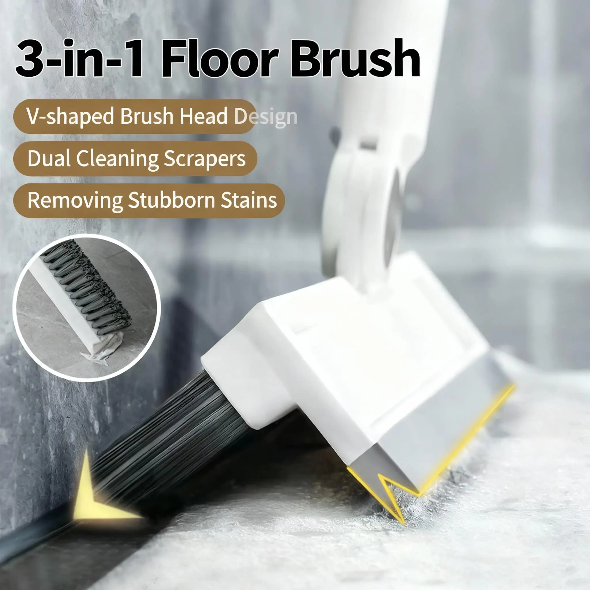 3-in-1 Durable Floor Scrub Brush with Long Handle - Stiff-Bristle Scrubber with Scraping Function for Bathroom, Patio Cleaning