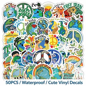 1Pc 50Pcs Peace Theme Stickers Pack Earth Love Aesthetic Vinyl Decals Waterproof Cute Stickers for Water Bottle Laptop Phone Case Skateboard Luggage Scrapbook Journal DIY Decor Spring Summer Gift Party Favor Craft Supplies