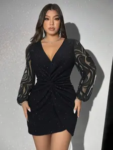 Viva Relle Plus Size Dress – Elegant V-Neck Lace Sequin Long Sleeve Dress for Party, Date Night, Special Occasions, Flattering Casual Evening Wear