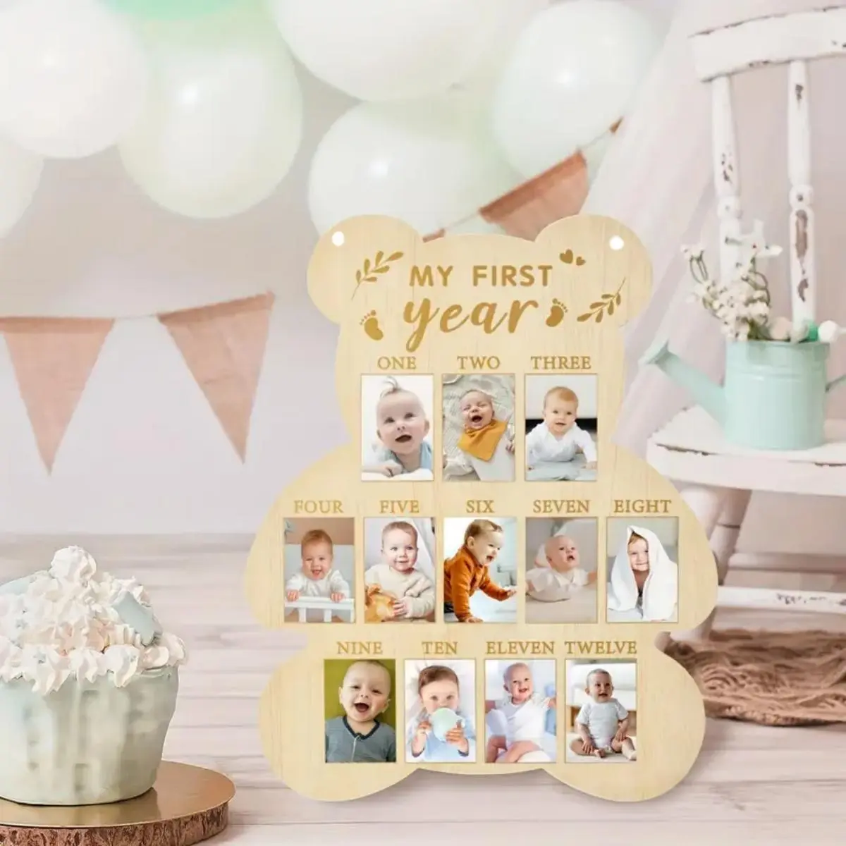 Wooden Bear Shaped Baby Photo Display, 1 Count My First Year Milestone Photo Frame, Photo Wall Decoration for Home Living Room Bedroom, Picture Frame, Home Decor Accessory, Picture Holder, Wood Picture Frames