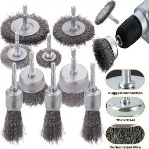 9pcs Heavy-Duty Wire Brush Set, Abrasive Brushes with 1/4 Inch Hex Shank - Carbon Steel Coarse Bristles for Effective Rust Removal, Paint Stripping and Surface Preparation - Ideal Drill Attachment for Enhanced Cleaning