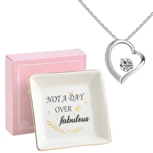 Not A Day Over Fabulous Jewelry Dish with Heart Pendant Necklace, Trinket Tray Gift Set for Women, Birthday Christmas Valentines Mothers Day Gifts for Her, Wife, Mom, Sister, Friend